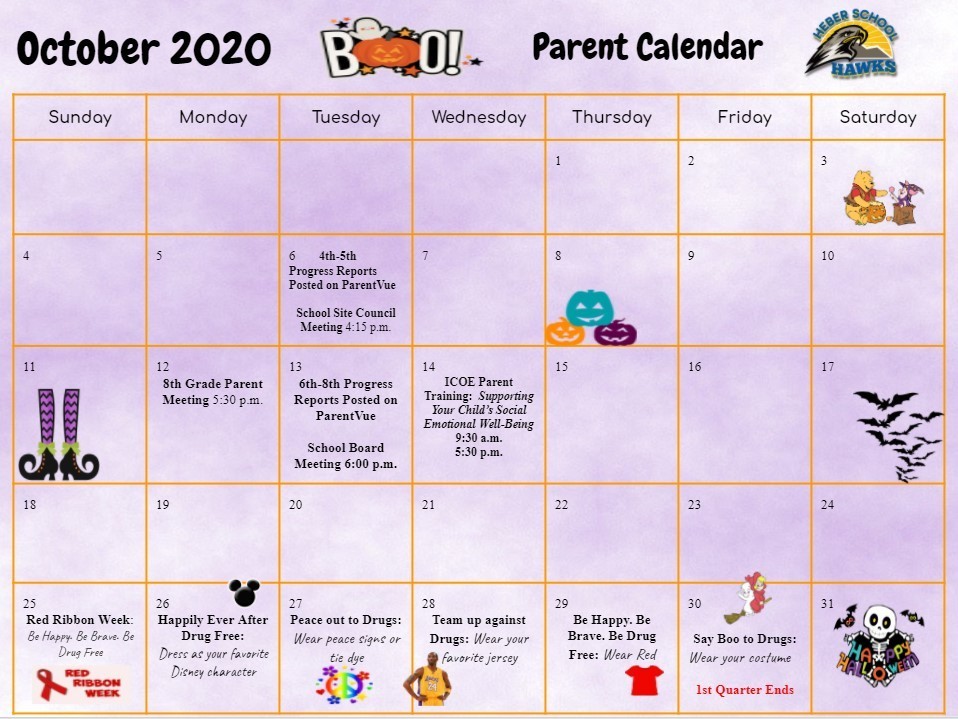 October Parent Calendar  Heber School